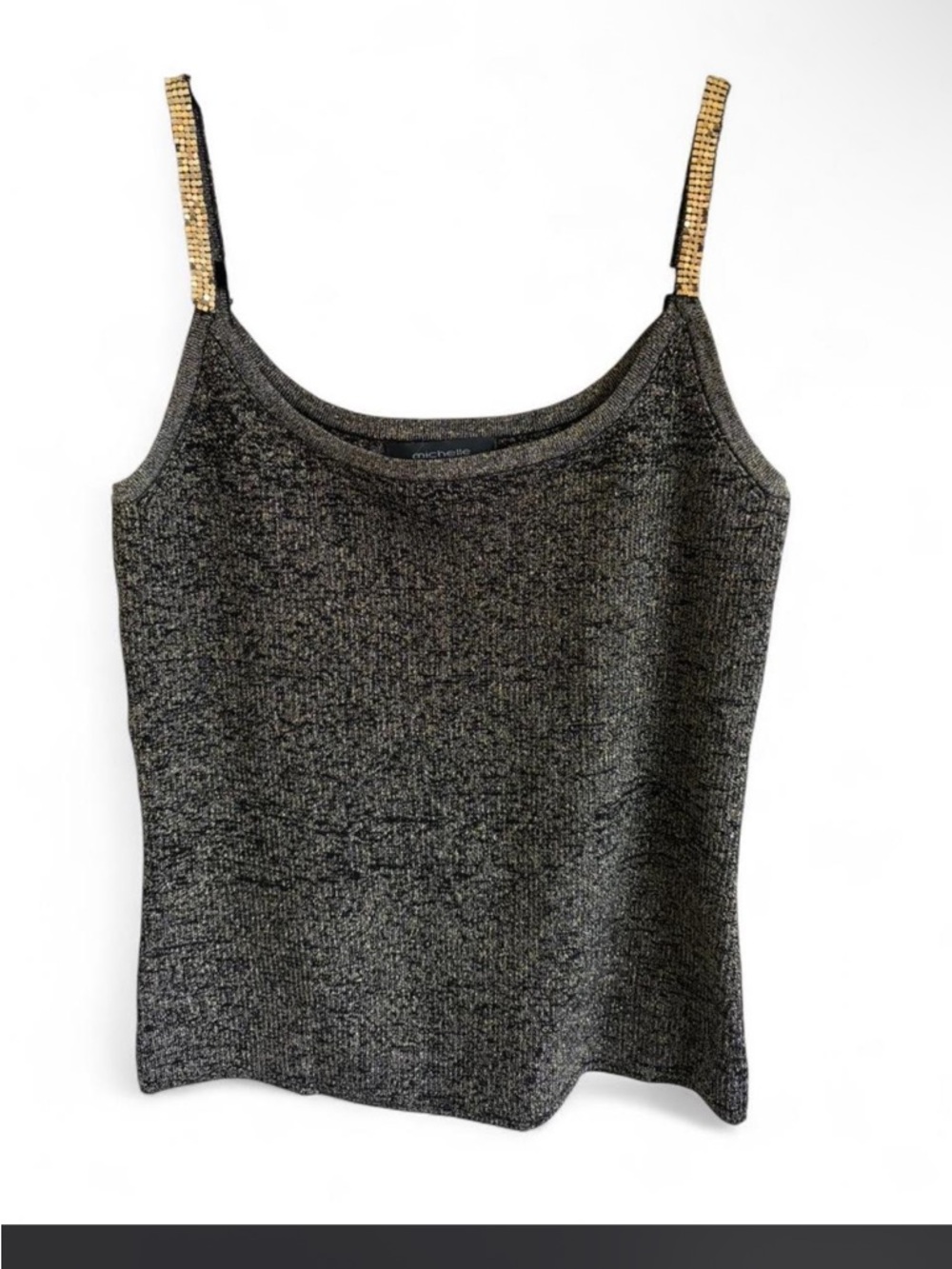 Michelle Antonelli silver sequin tank top with gold metallic straps